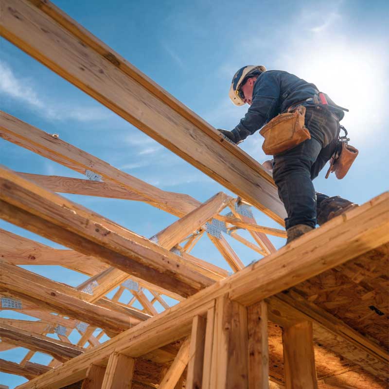 Builder in a hard hat working on top of a timber roof frame, seen from below