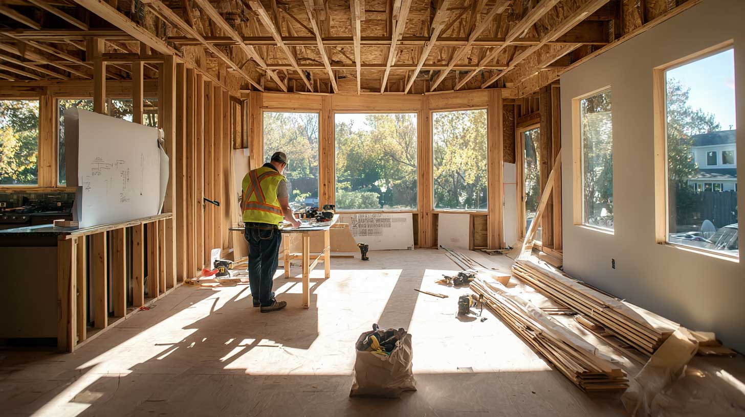 Builder in a hi-vis vest working at a bench inside a timber-framed house