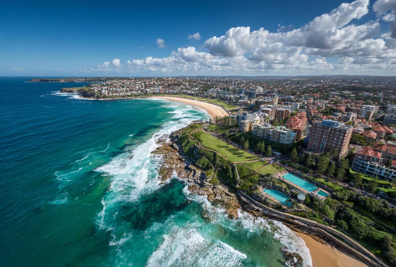 Aerial view of a surf beach, ocean pool and seaside suburb