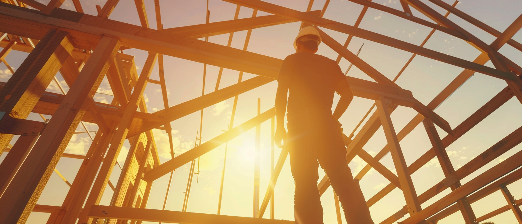 Silhouette of a builder standing in a timber roof frame at sunset