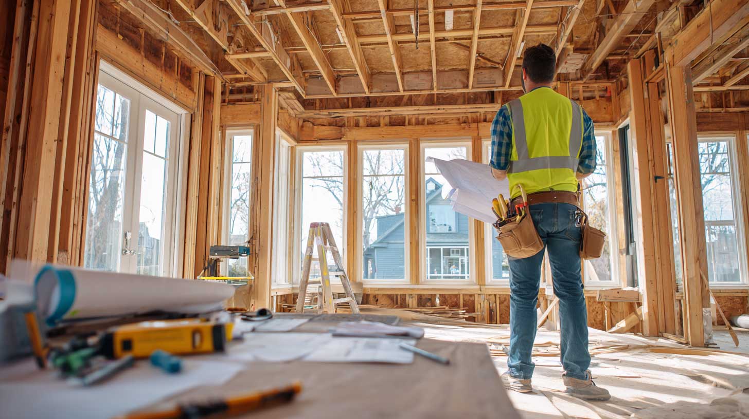 Builder in a hi-vis vest holding plans inside a timber-framed room