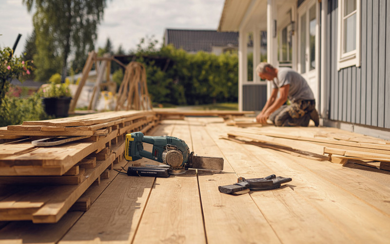 Carpenter laying new timber deck boards beside a weatherboard house