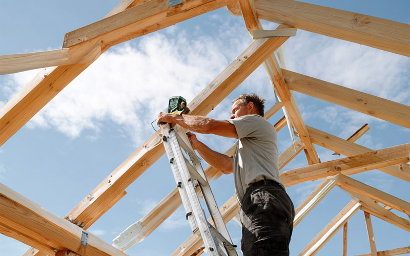 Builder on a ladder fixing timber beams of an open roof frame