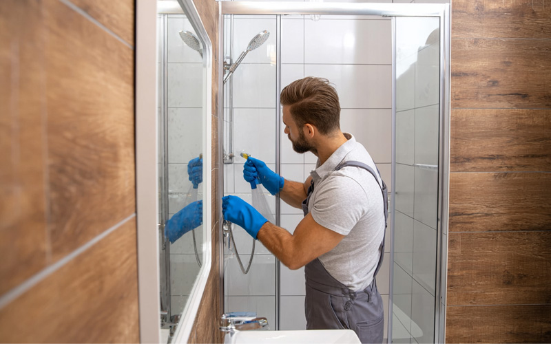 Tradesman in blue gloves fitting a glass shower screen in a tiled bathroom