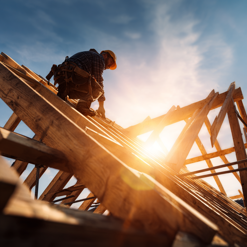 Builder kneeling on timber roof trusses with the sun shining through