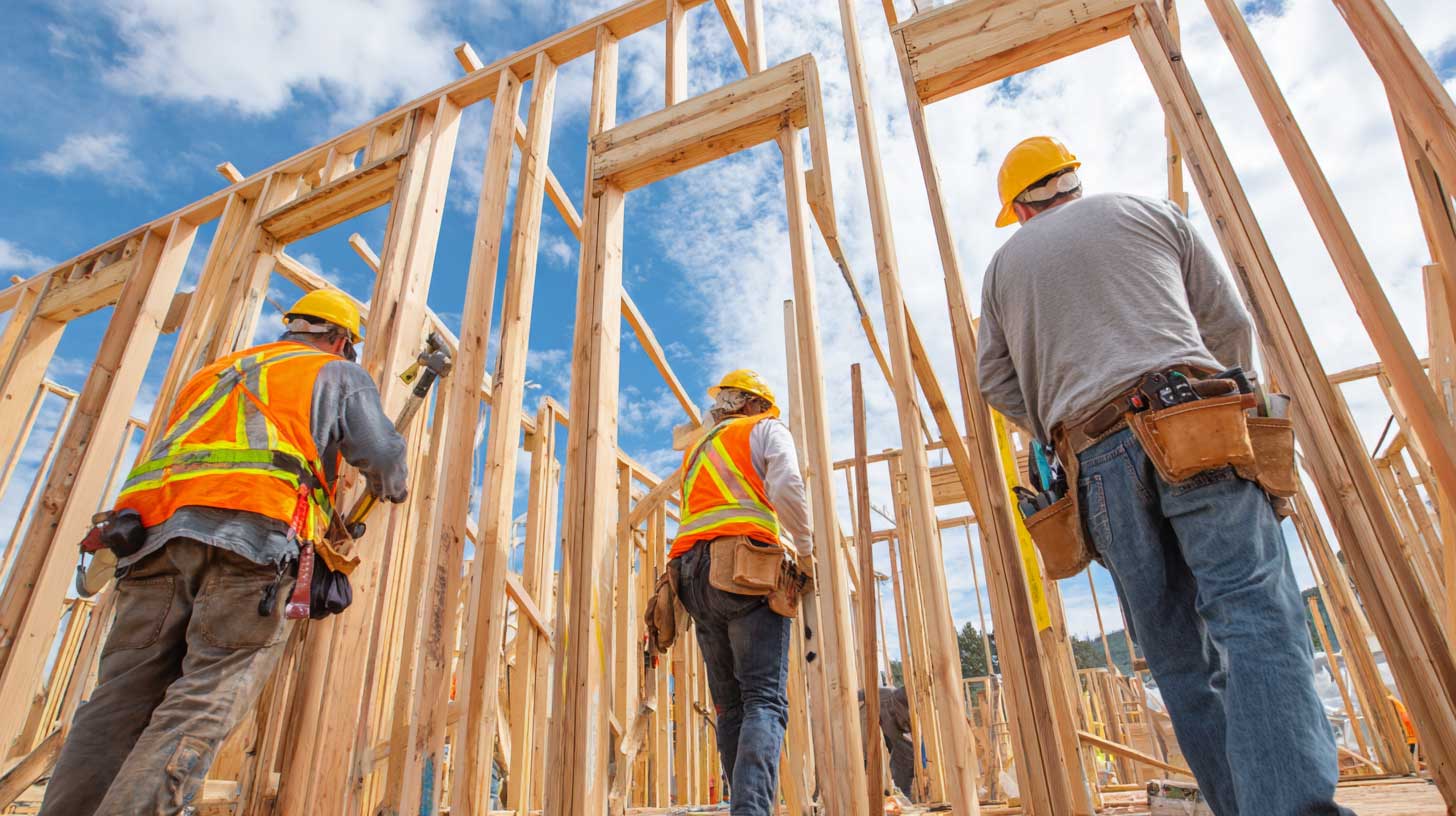Three builders in hard hats and tool belts inside a new timber house frame